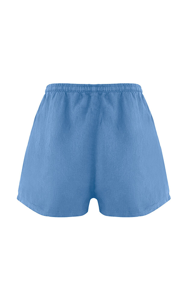 Mavi Dokuma %100 Keten Plaj Mini Yüksek Bel Şort & Bermuda TBESS25SR00013 - 6