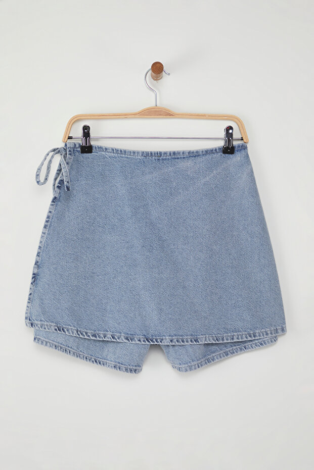 Mavi Kruvaze Bağlama Detaylı Yüksek Bel Denim Şort Etek TWOSS25SR00111 - 7