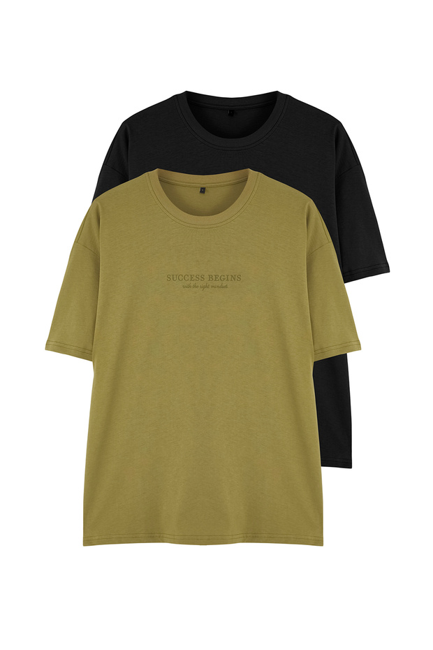 Haki-Siyah Oversize/Geniş Kesim 2'li Paket Yazı Baskılı %100 Pamuk T-Shirt TMNSS25TS00211 - 2