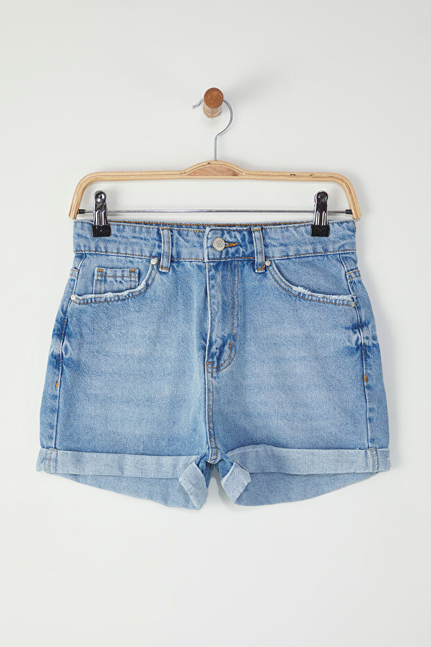 Mavi Yüksek Bel Paça Katlamalı Mini Denim Şort TWOSS25SR00170 - 5