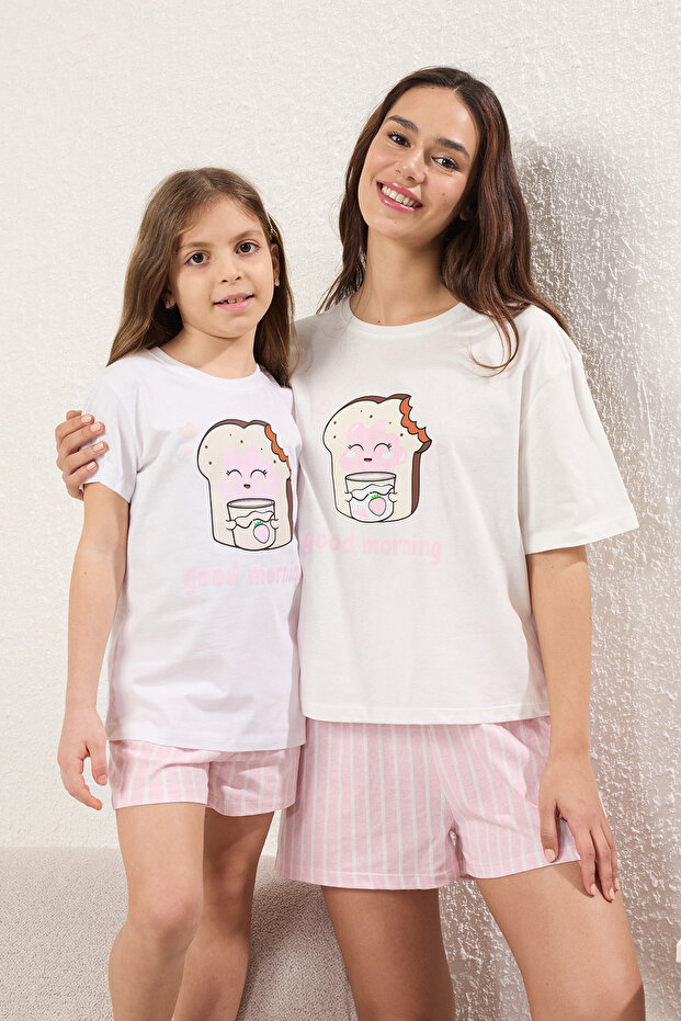 Pembe Kız Çocuk %100 Pamuk Çizgili Kısa Kol Mini Me/Anne-Kız Örme Pijama Takımı TKDSS25PT00022 - 1