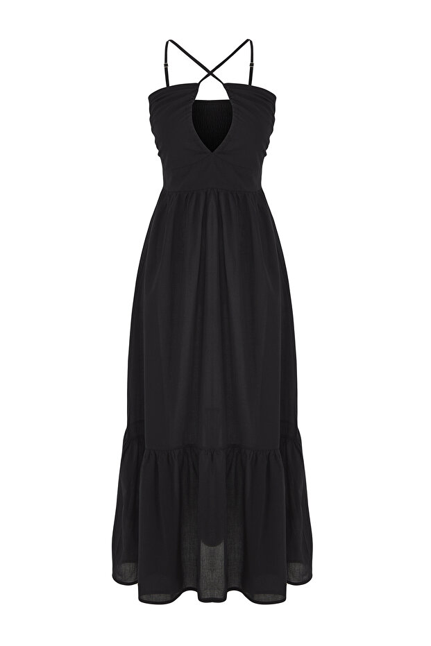 Siyah Dokuma Cut Out Detaylı %100 Pamuk Maxi Plaj Elbise TBESS25EL00110 - 5