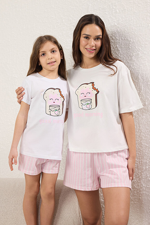 Pembe Kız Çocuk %100 Pamuk Çizgili Kısa Kol Mini Me/Anne-Kız Örme Pijama Takımı TKDSS25PT00022 - 2