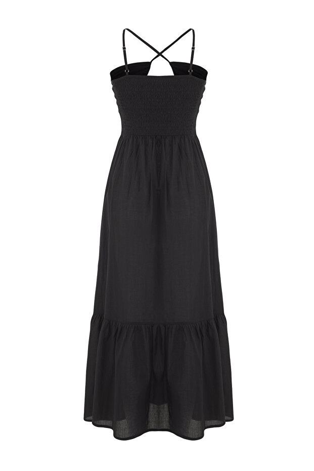 Siyah Dokuma Cut Out Detaylı %100 Pamuk Maxi Plaj Elbise TBESS25EL00110 - 6