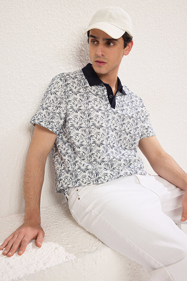 Navy Blue Regular/Normal Cut Patterned Polo Neck T-Shirt Tmnss25Po00032