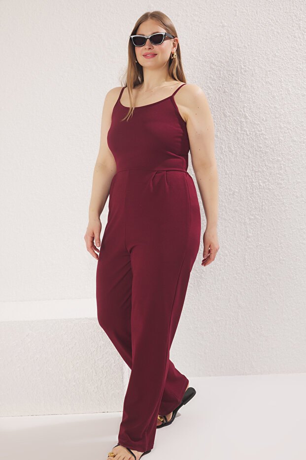 Bordo Askılı Örme Büyük Beden Tulum TBBSS25BG00001 - 2