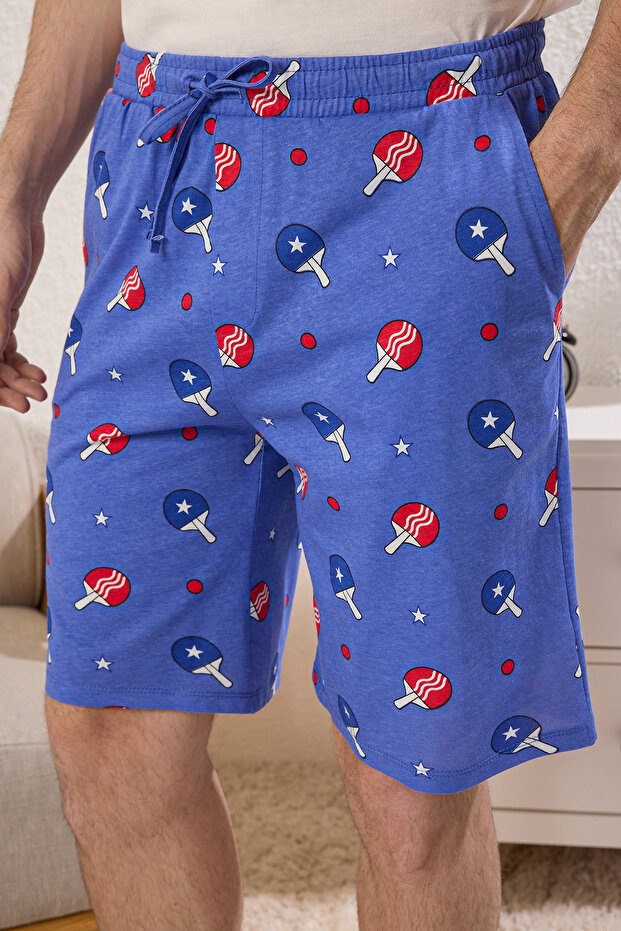 Ekru -Mavi Regular Fit Spor Temalı Örme Şortlu Pijama Takımı TMNSS25PT00014 - 3