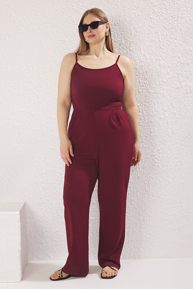 Bordo Askılı Örme Büyük Beden Tulum TBBSS25BG00001 - 1