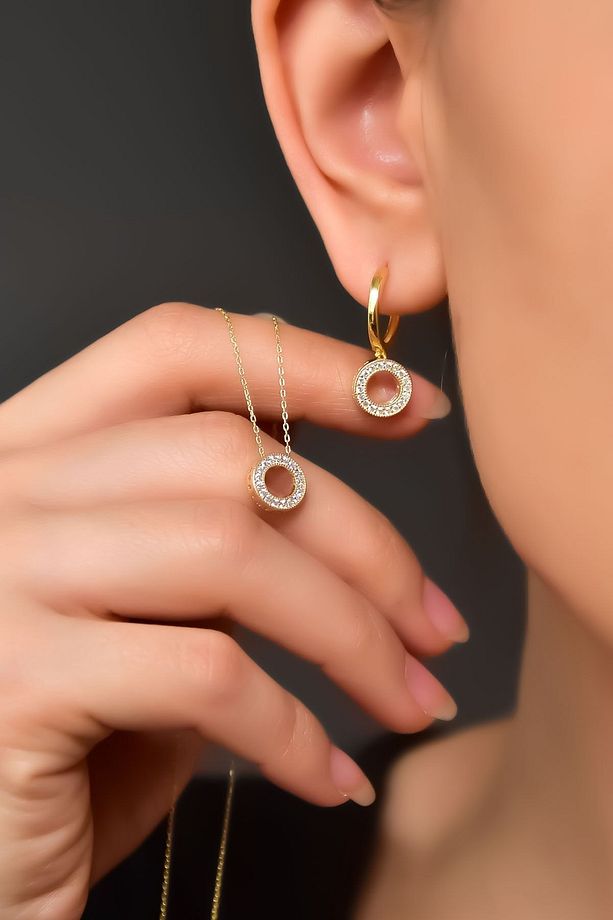 925 Ayar Gümüş Gold Kaplama Yuvarlak Kolye Ve Küpe Set - 1
