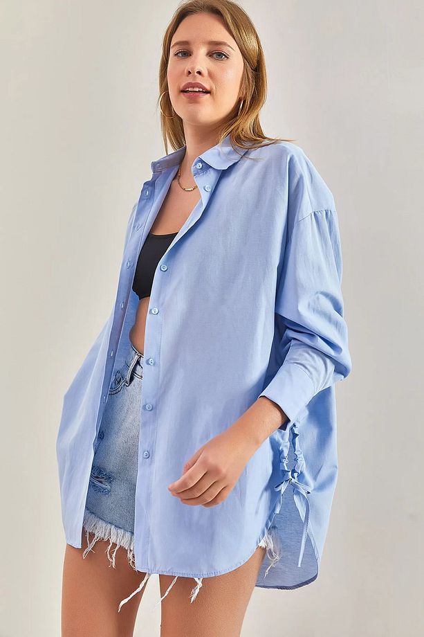 Kadın Oversize Yan İp Büzgülü Gömlek 60261509 - 1