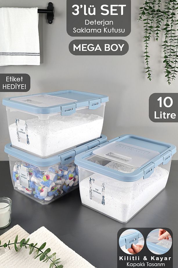 3 Adet Etiketli Deterjan Saklama Kutusu - Kilitli Kayar Kapak Tablet Toz Deterjan Kabı 10 Lt Mavi - 1