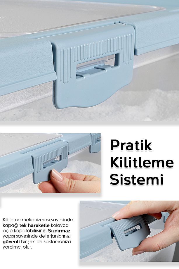 3 Adet Etiketli Deterjan Saklama Kutusu - Kilitli Kayar Kapak Tablet Toz Deterjan Kabı 10 Lt Mavi - 4