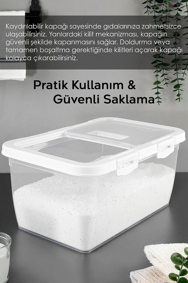 2 Adet Etiketli Deterjan Saklama Kutusu - Kilitli Kayar Kapak Tablet Toz Deterjan Kabı 10 Lt Beyaz - 5