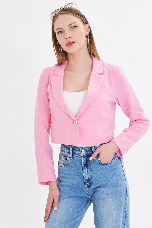 Kadın Pembe Tek Düğmeli Crop Ceket Arm-23y001064 - 4