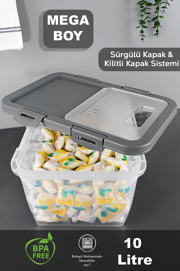 1 Adet Etiketli Deterjan Saklama Kutusu - Kilitli Kayar Kapak Tablet Toz Deterjan Kabı 10 Lt Gri - 3
