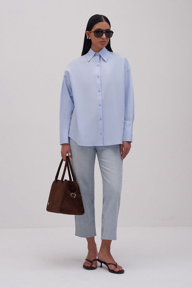 Kadın Mavi Private Edition Poplin Nakış Detaylı Oversize Gömlek - 1