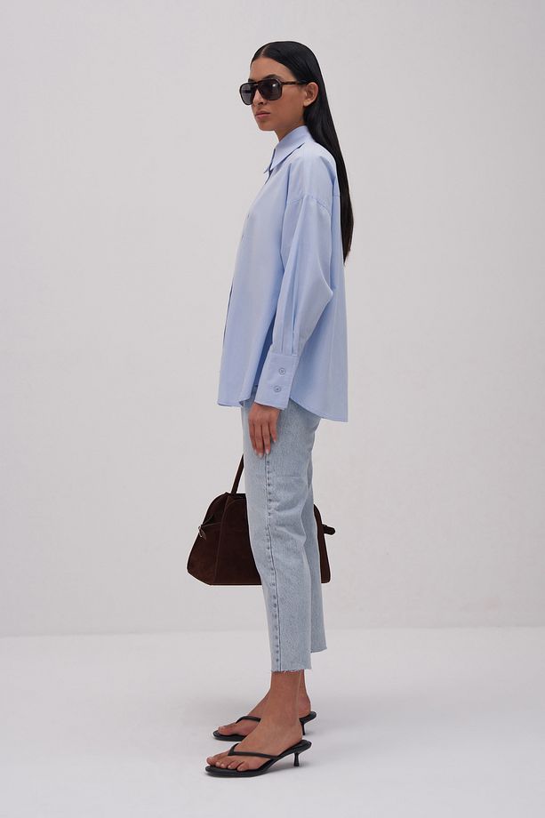 Kadın Mavi Private Edition Poplin Nakış Detaylı Oversize Gömlek - 4