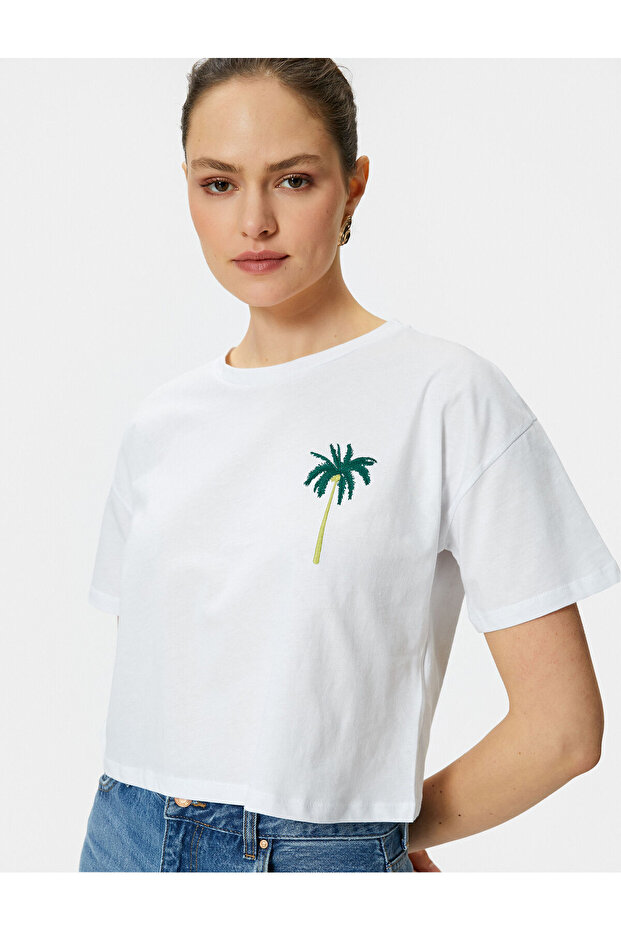 Crop T-Shirt Short Sleeve Crew Neck Embroidery Detail