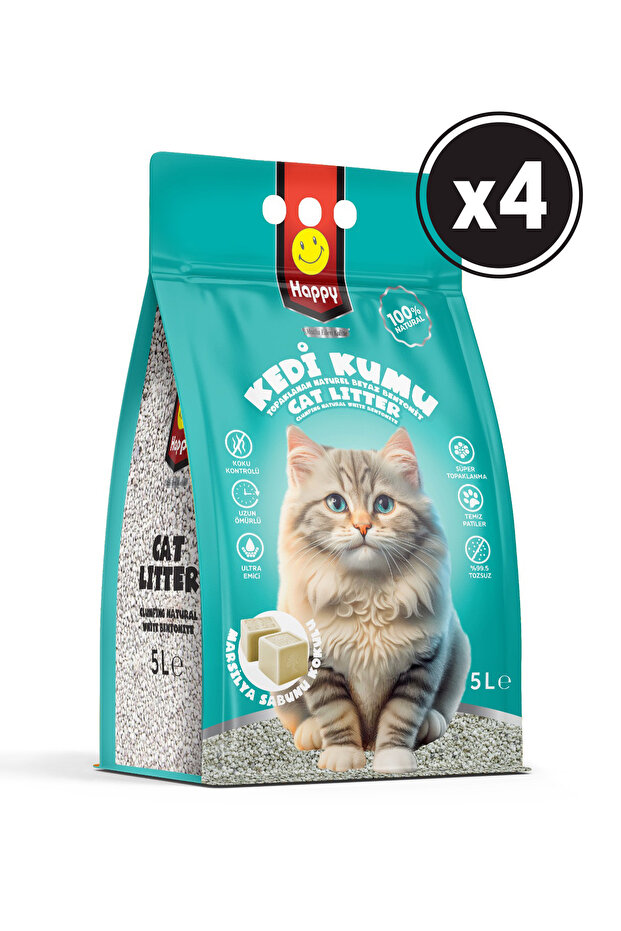Happy Topaklanan Bentonit Marsilya Sabunlu Kedi Kumu 5 Lt X 4 Adet