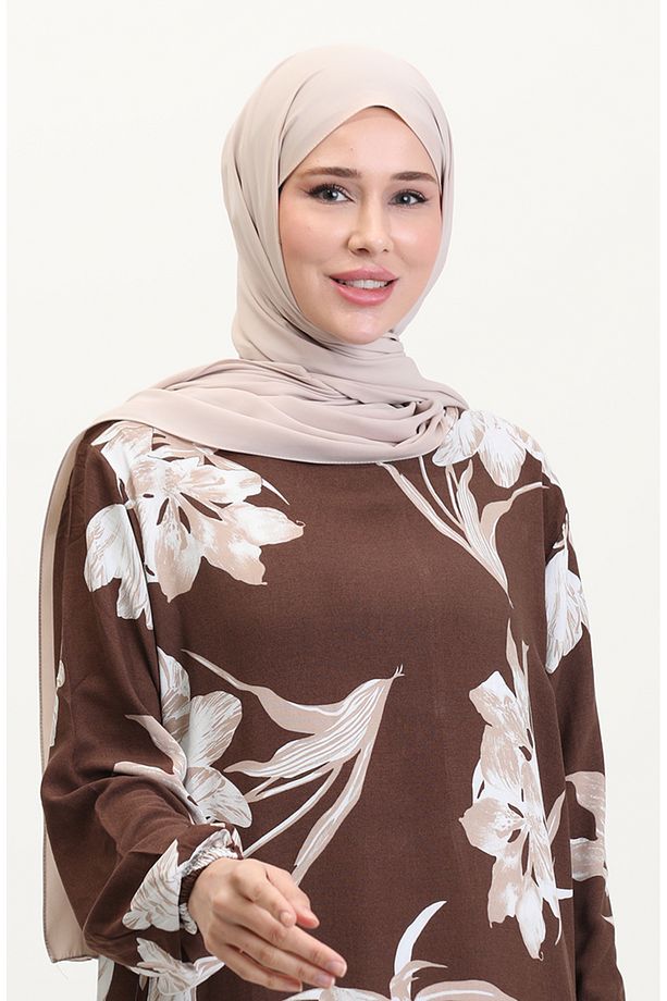 Kolu lastikli Desenli Viskon Elbise 0016-01 Kahverengi - 3
