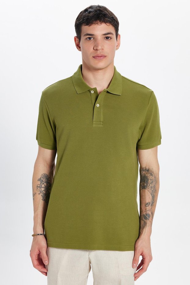 Men's Slim Fit Slim Fit 100% Cotton Khaki Polo Neck T-Shirt