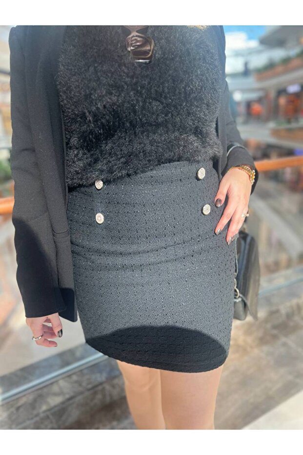 Women's Gold Buttoned Hidden Zippered Tweed Skirt