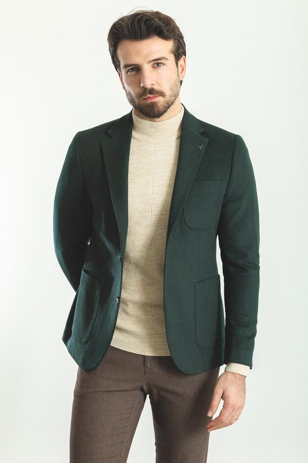 Straight Slim Fit Mono Collar Pocket Pocket Wool Premium Men's Jacket Khaki - 44314.24K