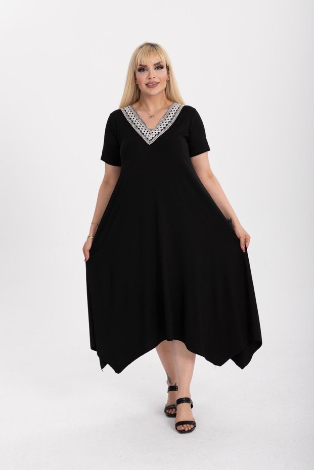 Women's Large Size Black Viscose Ethnic Collar Stylish Dress