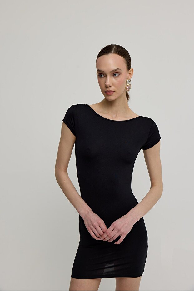 Women's Black Color Backless Short Sleeve Dress