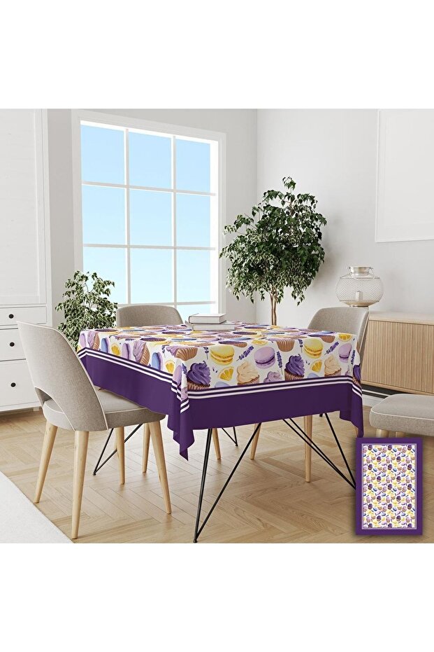 Purple Edged Macaron Patterned Easy to Clean Stain Resistant Carefree Tablecloth