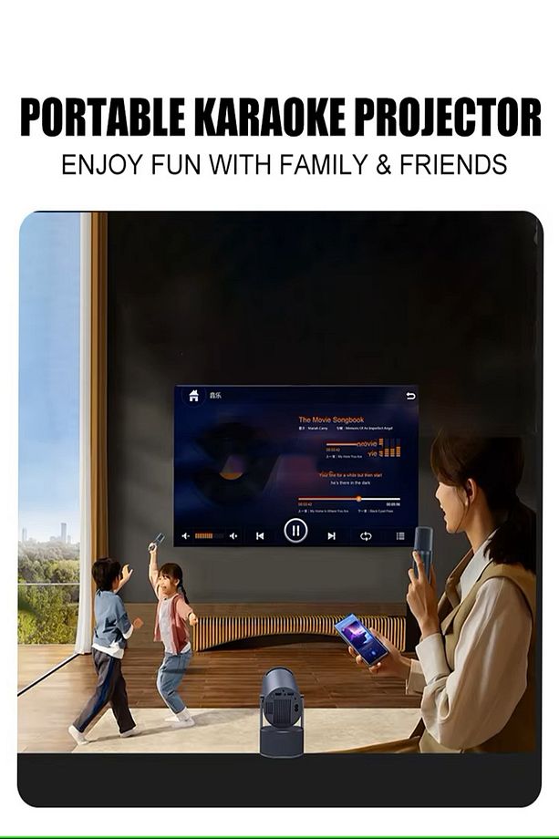 Mikrofonlu Projektör 4K Android 11 Taşınabilir Ev Sineması Video Projektörleri KARAOKE projektör - 6