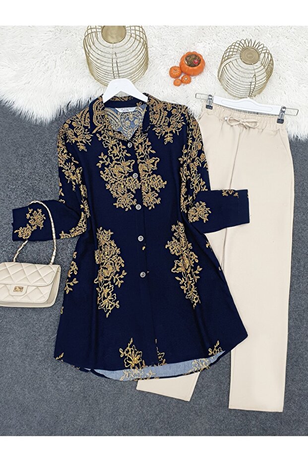 Patterned Buttoned Long Back Viscose Tunic - Navy - 1