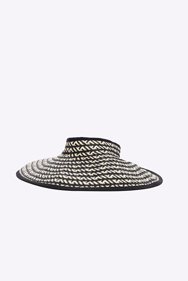 Foldable Patterned Black Visor Beach Hat with Binding Detail 90 - 1