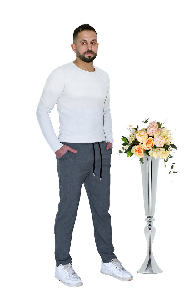ANTRASİT DOKUMA DUBLE PAÇA BAĞCIKLI PANTOLON