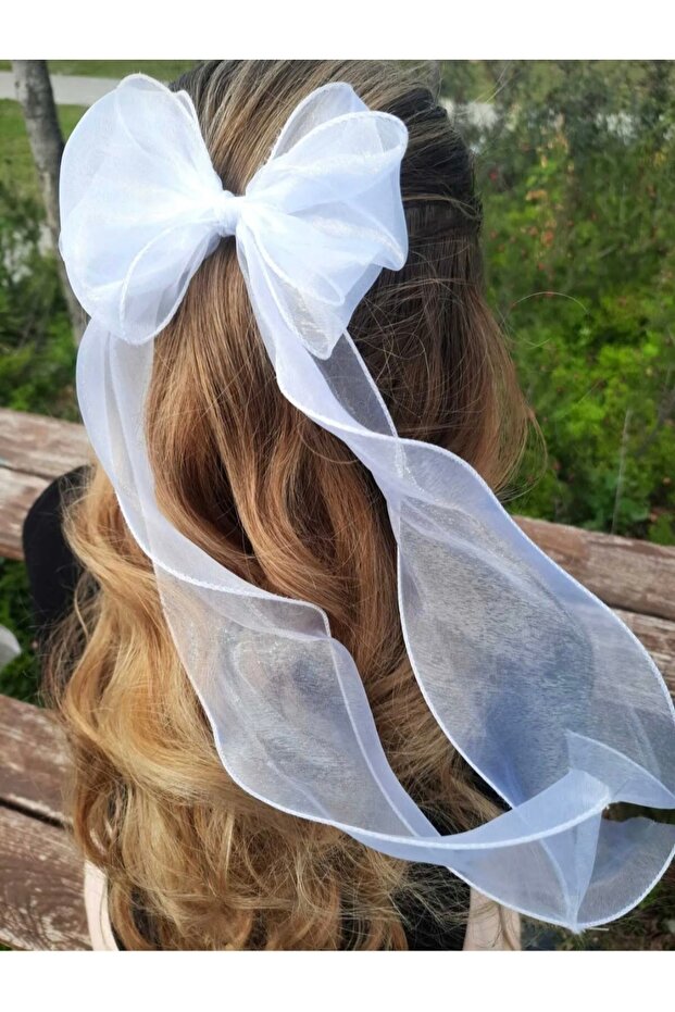 Girl's Long Tulle Bow Buckle White Color Automatic Latch