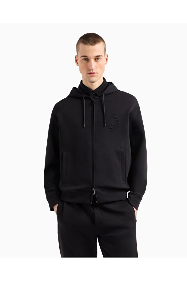 Men's Zippered and Embossed Eagle Logo Cotton Hooded Long Sleeve Black Sweatshirt Em001122 a