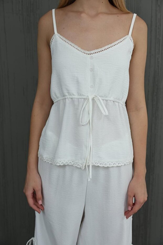 Bow Blouse Set - White - 2