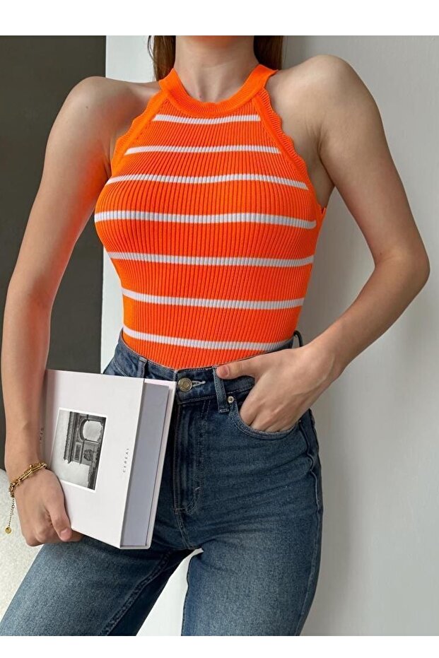 Knitwear Fabric Ruffled Sleeveless Striped Blouse 0298