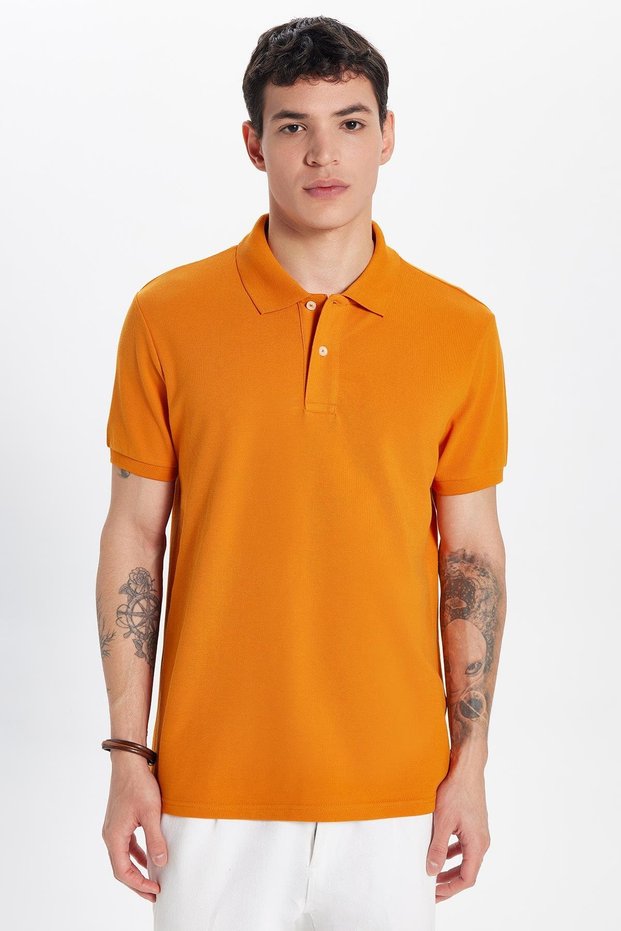 Men's Slim Fit Slim Fit 100% Cotton Orange Polo Neck T-Shirt