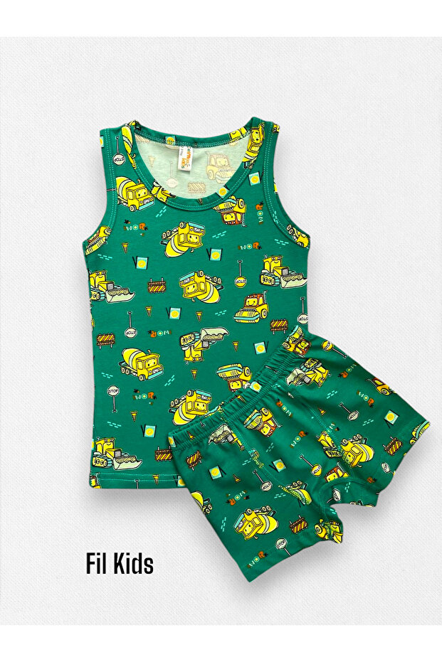 Boy's 100% Cotton Truck Cylinder Scoop Construction Equipment Patterned Green Undershirt Boxer Set