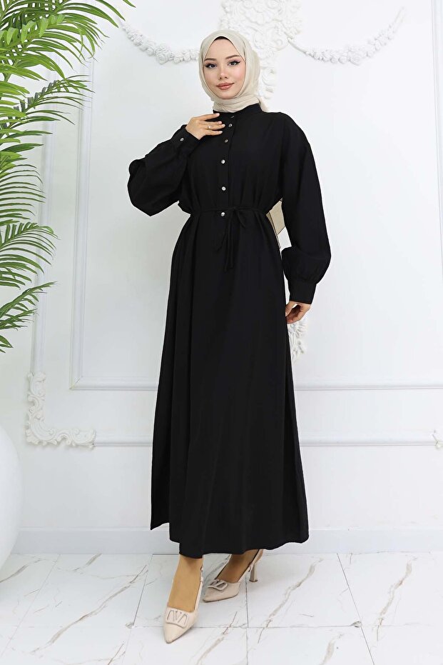Buttoned Tie Dress Black 2242