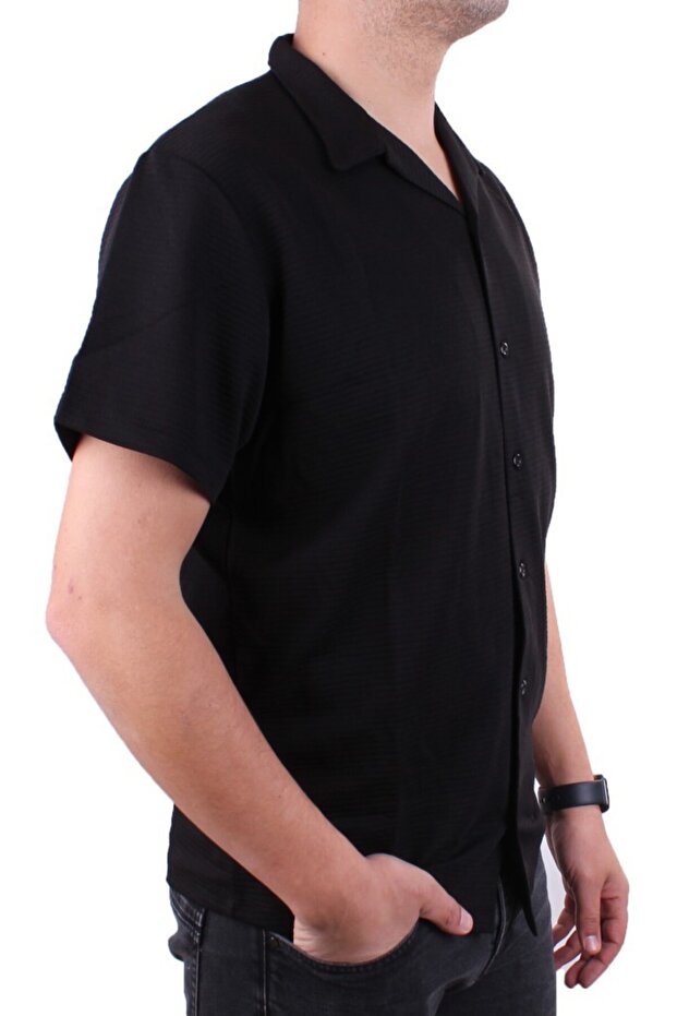Dmg23-199598 Black Ottoman Knitted Apaj Collar Oversize Fit Short Sleeve Men's Shirt