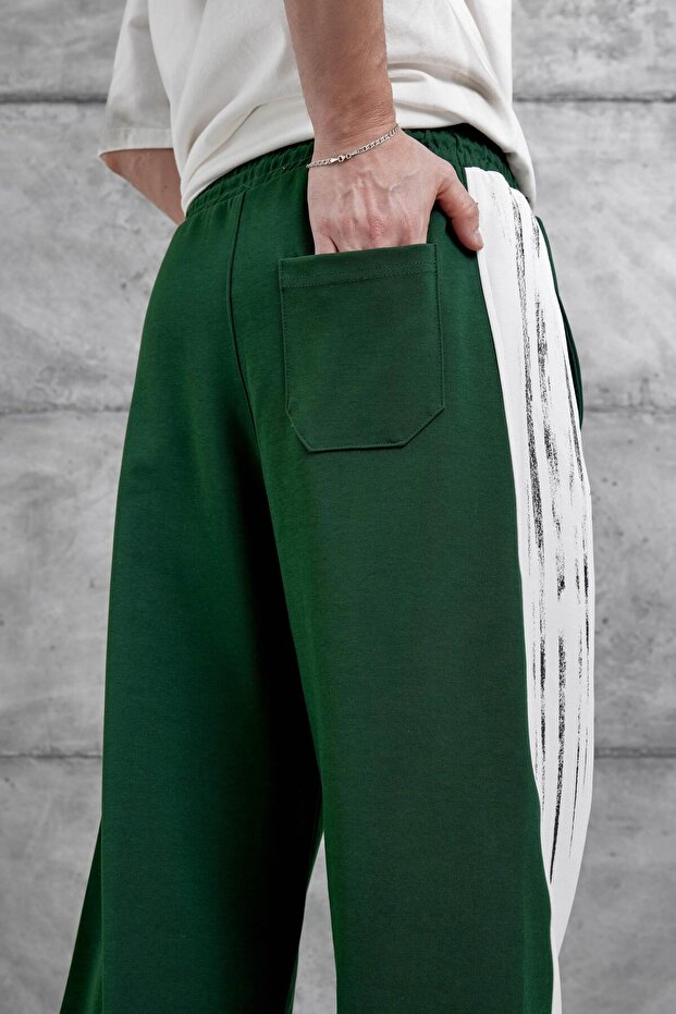 Erkek Yeşil Fırça Şeritli Baggy Eşofman Altı - 6