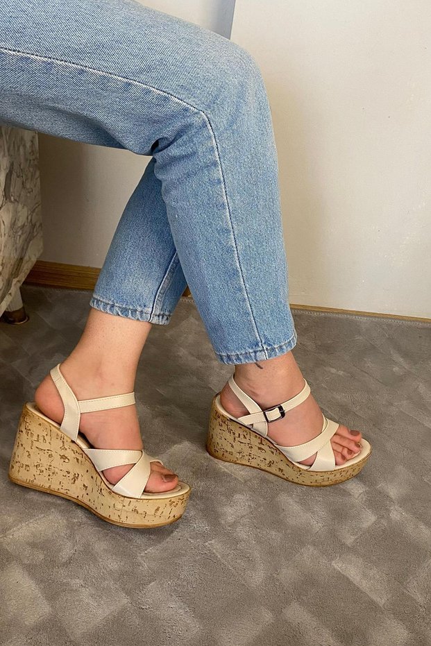 Women's Bery Beige Skin Cross Band High Padding Cork Sole Shoes & Sandals K-900