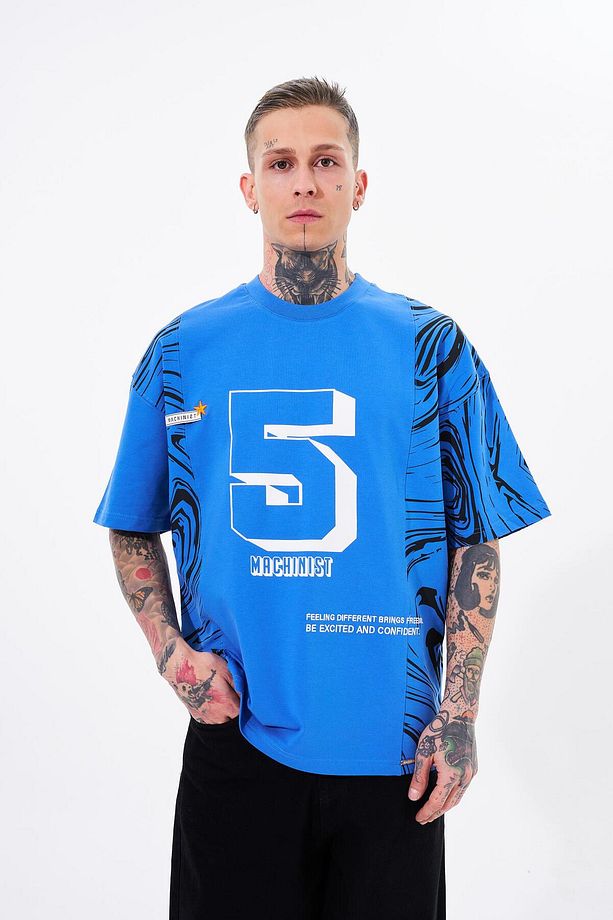Erkek Number 5 Baskılı Oversize Açık Mavi Tişört - 2
