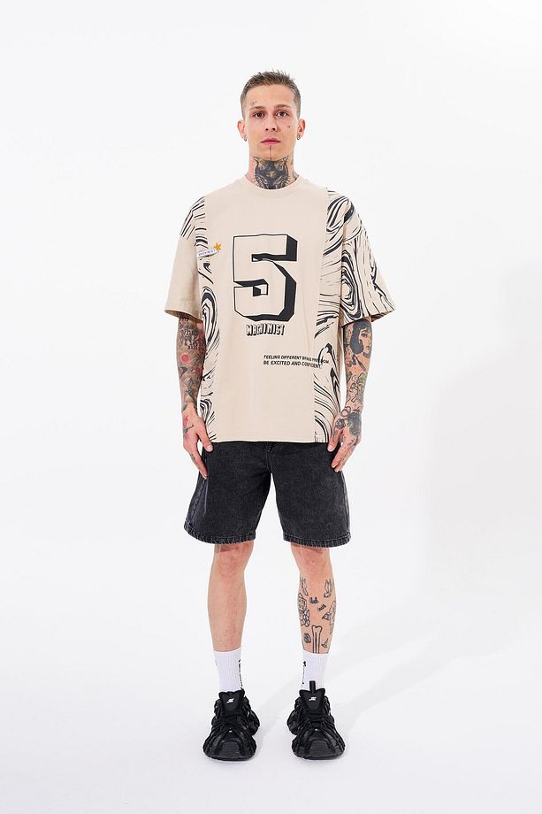 Erkek Number 5 Baskılı Oversize Açık Bej Tişört - 4