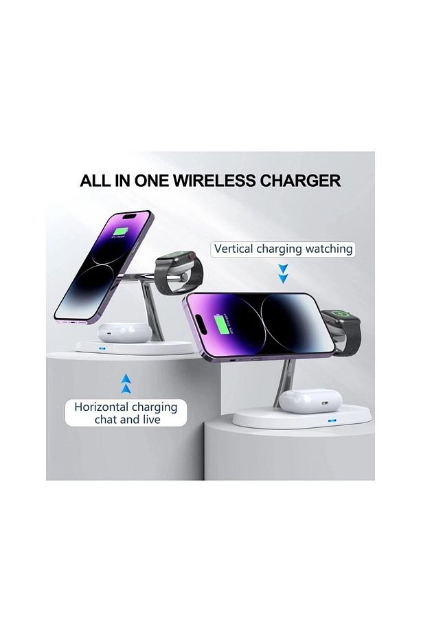 3'lü Wireless Kablosuz Şarj Standı Apple - Android Uyumlu 15W Hızlı Şarj Kulaklık - Saat Şarj Standı - 3