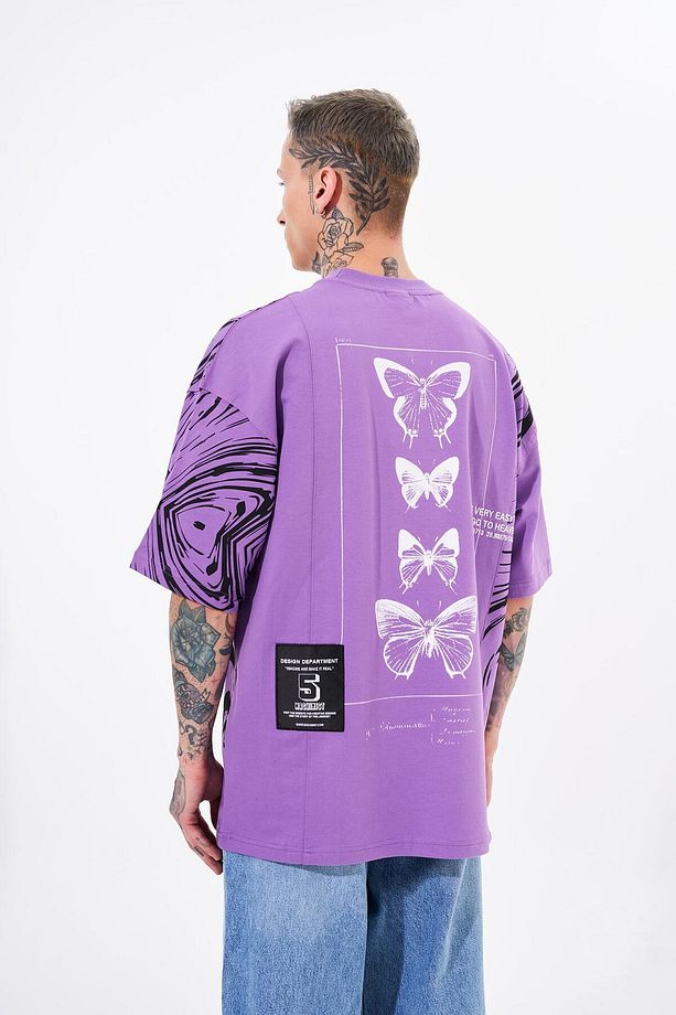 Erkek Number 5 Baskılı Oversize Mor Tişört - 1