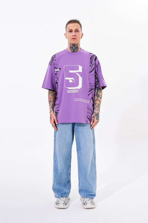 Erkek Number 5 Baskılı Oversize Mor Tişört - 4