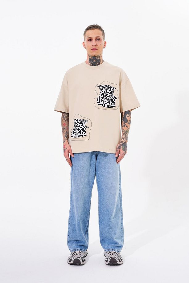 Erkek Dama Patch Oversize Açık Bej Tişört - 3